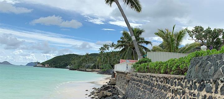A view of a beach in Hawaii with a manmade wall and garden of a house.