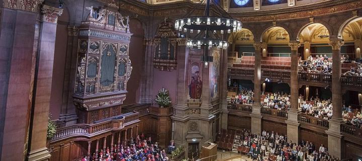 Inside McEwan Hall looking down on graduation ceremony photographed from high gallery