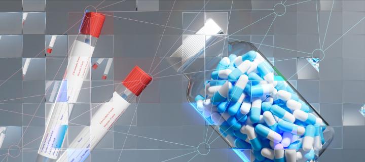 A rendering of medical swabs & pills in a jar seen through a refractive glass grid, overlaid with a diagram of a neural network.