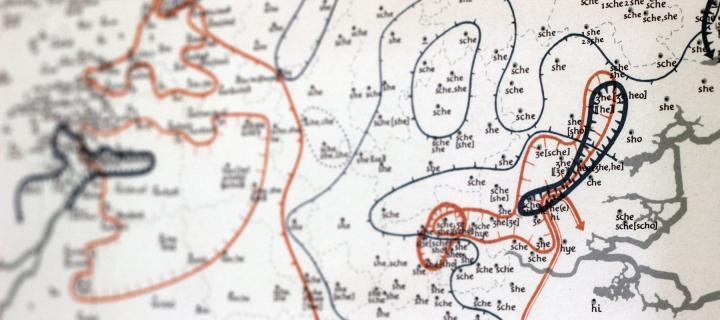 Detail from a map of the UK showing different pronunciations of the same word