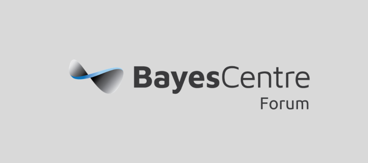 Bayes Centre logo in the middle of a light grey background, forum under the logo alligned to the right