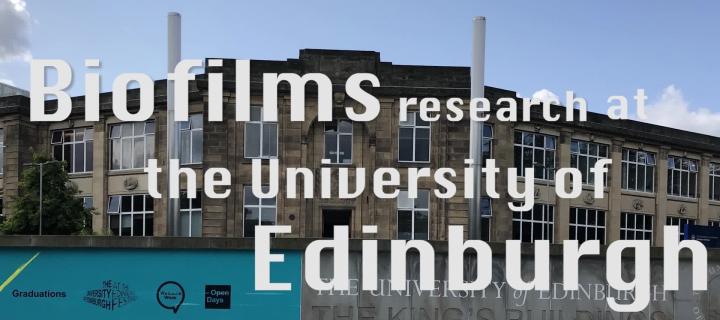 Image of Kings Buildings Campus with text 'Biofilms research at the Unviersity of Edinburgh' written over it