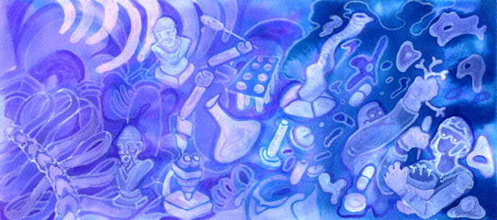 An illustration of the history of Biomedical Sciences, blue and purple ink