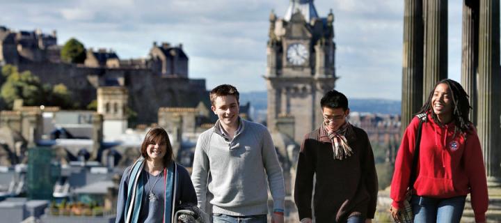 Students walking in the sunshine on Calton Hill