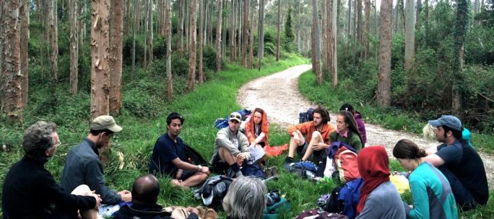 Students sitting in forest on a Camino pilgrimage