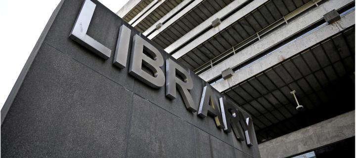 Sign at main library, viewed from bottom of steps