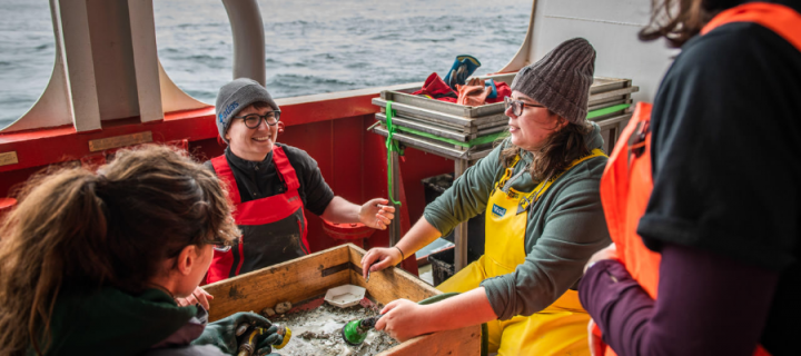 Three female scientists sitting on a boat deck with a large tray of seabed samples with the arctic ocean behind