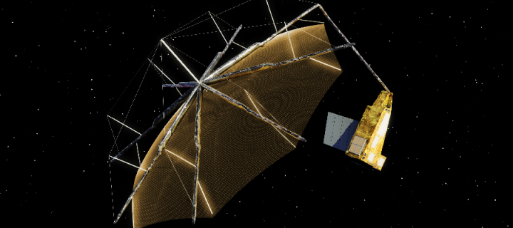 Artist graphic of European Space Agency 'BIOMASS' satellite orbiting in the darkness of space