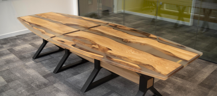 Photograph of the wooden boardroom table