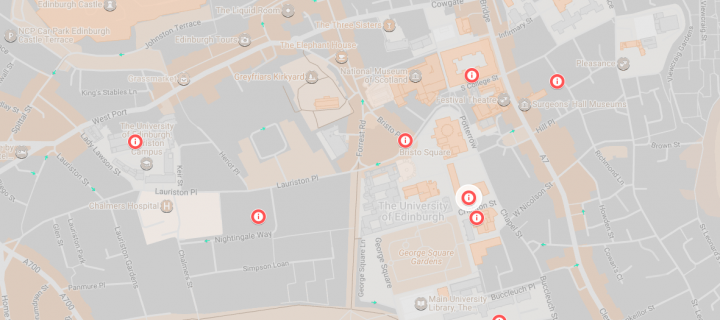 Google Map with pins dropped at existing campus development locations