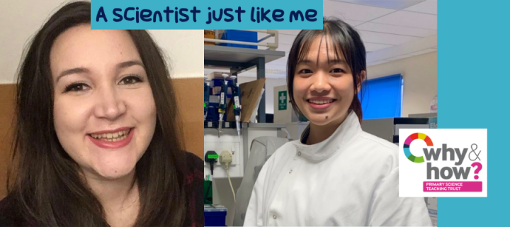 A Scientist Just Like Me - two side by side images of smiling female PhD students; woman on the right is wearing a lab coat