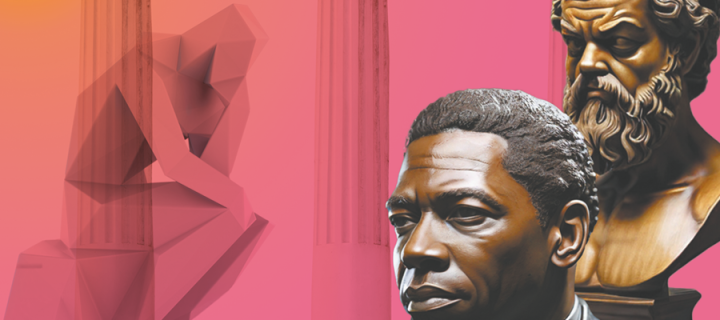 Digitally generated busts of John Coltrane and Socrates in front of Greek pillars