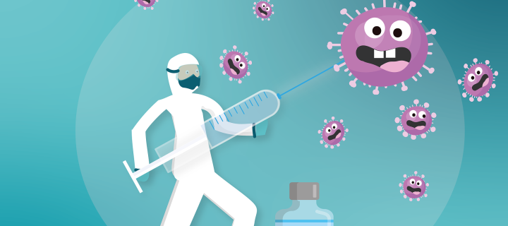 Scientist with giant syringe, vaccinating a cartoon virus