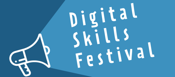 Line drawing of a loud-hailer next to the words "Digital Skills Festival"