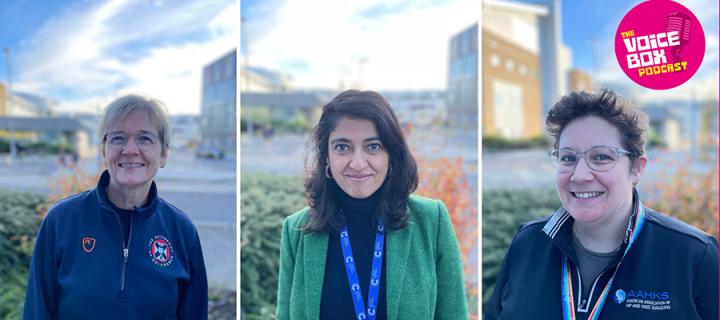 Head shots of three individuals located on the Bioquarter campus: Professor Lorna Marson, Professor Farhat Din and Chloe Scott