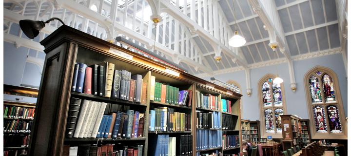 Shelves of books in New College Divinity Library.