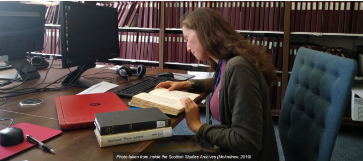 Witchfinder General Emma Carroll researching at the Scottish Studies Archives 2019