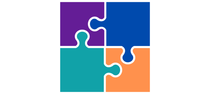 Four different coloured jigsaw pieces that fit together