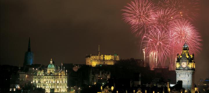 Fireworks at night over Edinburgh Castle
