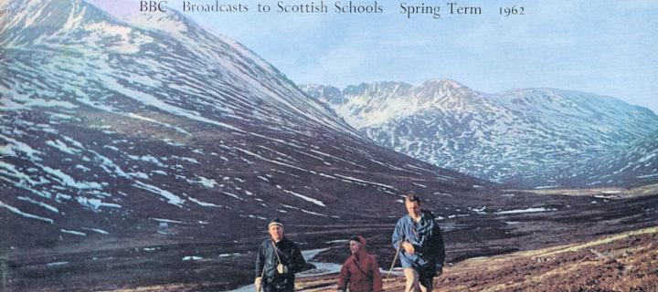 The cover of a pamphlet produced to accompany a Schools Radio broadcast. It reads 'Exploring Scotland, Spring 1962'.