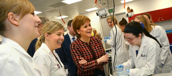 First Minister Nicola Sturgeon talks to school pupils during a science workshop at the Easter Bush Outreach Centre