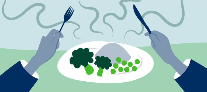 Good Food meal with brocolli, knife and fork raised