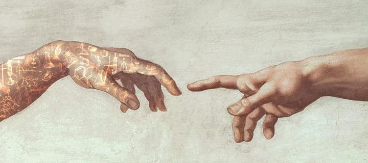Two hands from the Creation of Adam fresco painting with superimposed drawings representing life sciences