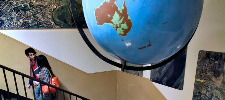 Globe hanging from ceiling in Geography building at Drummond Street in Edinburgh