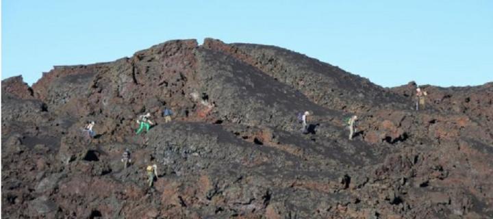Team working on Sierra Negra’s volcano prior to eruption during a visit to Isabela Island in April