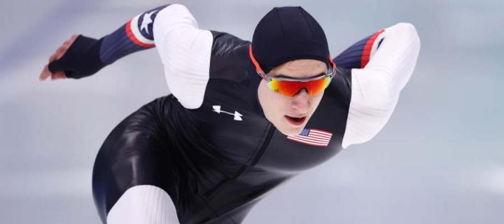 US skater Jordan Stolz during the Men's 1000 metre event at the  2022 Winter Olympic Games