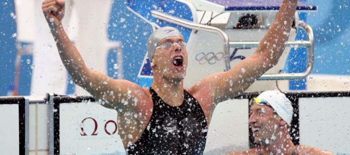 Brazilian swimmer Cesar Cielo Filho of Brazil celebrates victory in the pool at the 2008 Beijing Olympics
