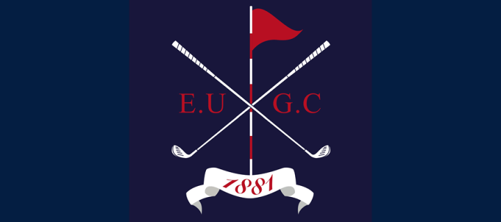 Golf Club logo on a dark blue background. The blue logo includes two white golf clubs, a red flag pole and a year 1881.