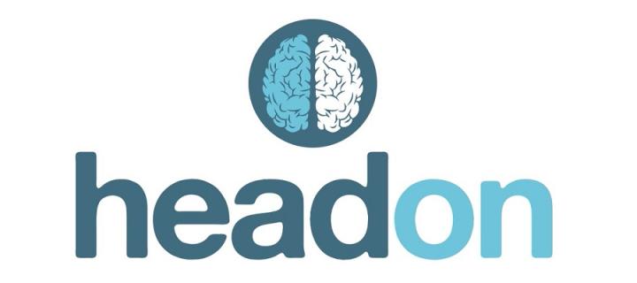 Logo for HeadOn a support program for people recovering from concussion. Image of a brain with the words headon