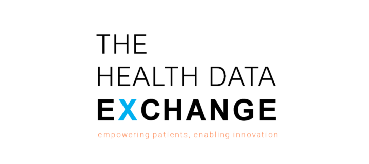 The health data exchange written in black on white background, stacked on top of each other, the X is in blue 