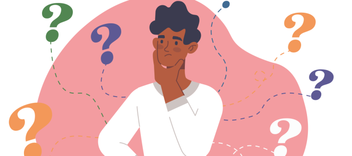 An illustration of a quizzical-looking man surrounded by question marks