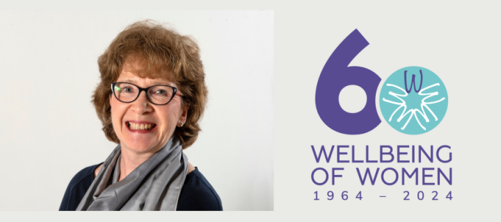 Headshot of Professor Hilary Critchley beside the Wellbeing of Woment logo