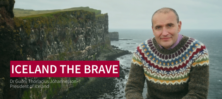 a smiling man in a colourful knitted jumper sitting outside with a cliff in the background. Event title overlaid