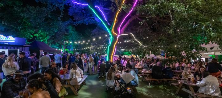 Festival goers sit under a tree with lights on the trunk in George Square, Edinburgh. 