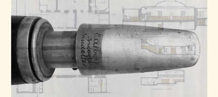 Instrument mouthpiece overlaid on original plans for St Cecilia's hall