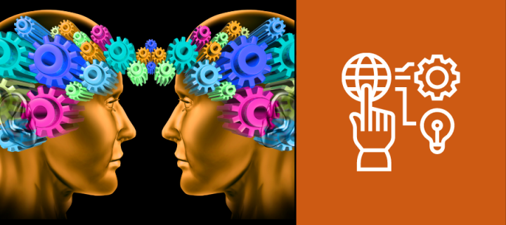 image showing two heads with cogs and an icon for innovation