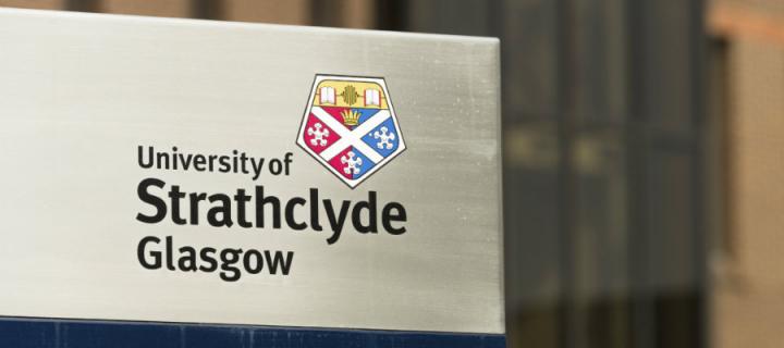 University of Strathclyde Glasgow sign on their campus in central Glasgow.