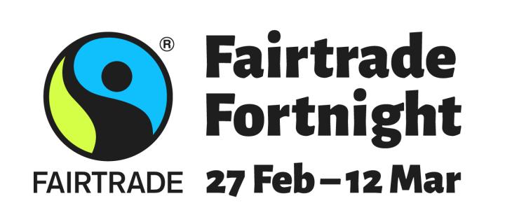 Fairtrade logo and text with dates of Fairtrade Fortnight 2023: 27 February to 12 March