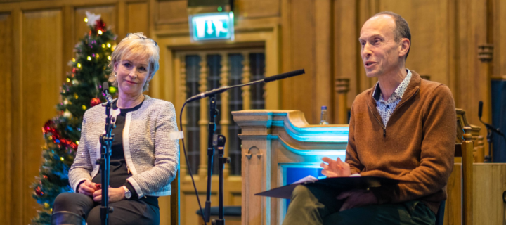 Colour photo of Professor Jolyon Mitchell and Sally Magnusson in the Assembly Hall at the Winter Tales Book Festival