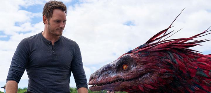 Image from the movie Jurassic World, actor Chris Pratt standing next to the head of a feathered dinosaur
