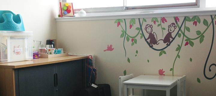 Picture of the kids lab wall painted with monkeys