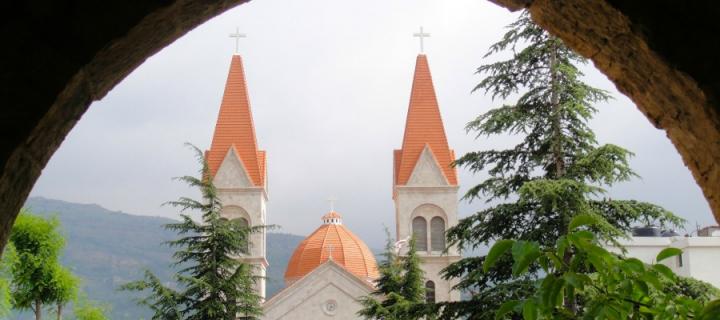 Lebanese church through archway