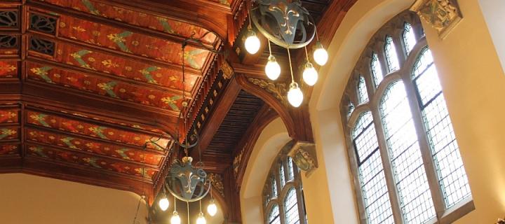 Decorative ceiling, light fittings and arched windows in the Rainy Hall