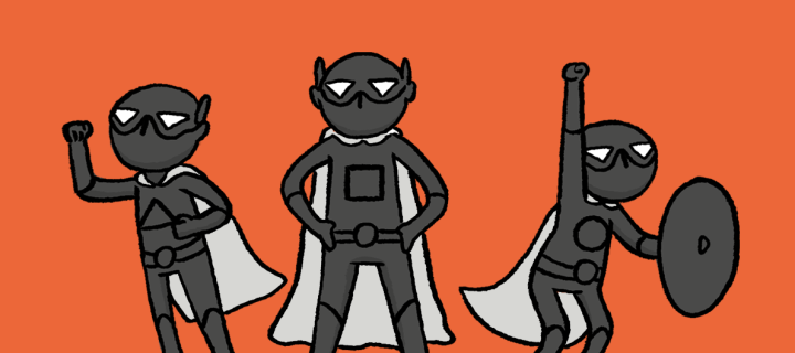 Three individuals dressed in black and grey super hero costumes and striking poses