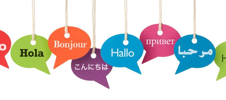 Image of the word hello in several languages - in coloured speech bubbles