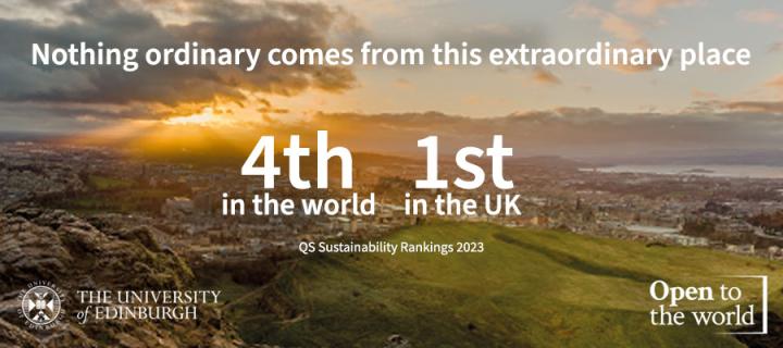 Image of Edinburgh with the University's rankings in the QS World University Rankings: Sustainability overlayed